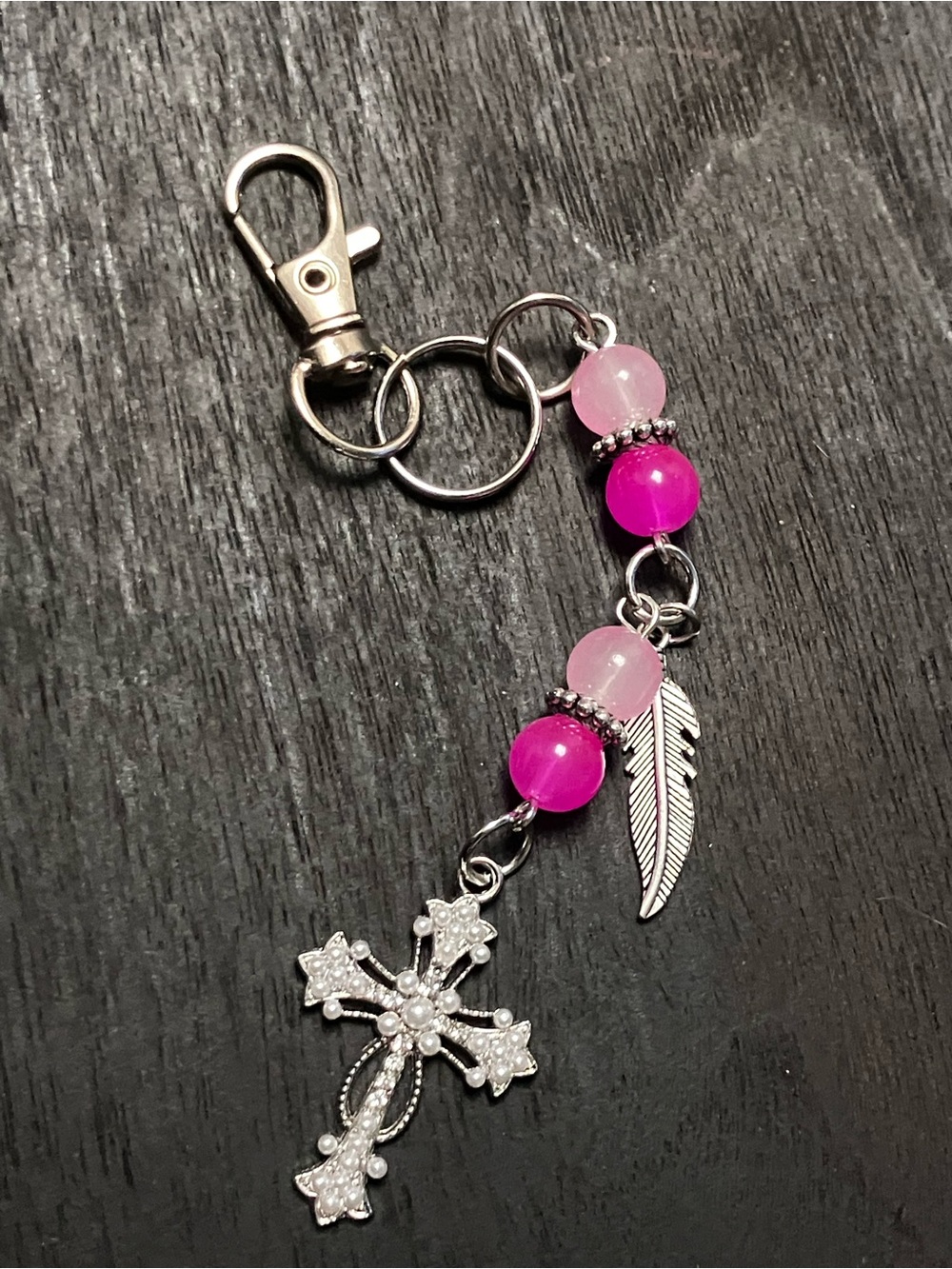 Pink shades glass beads/silver cross/feather charm/keychain